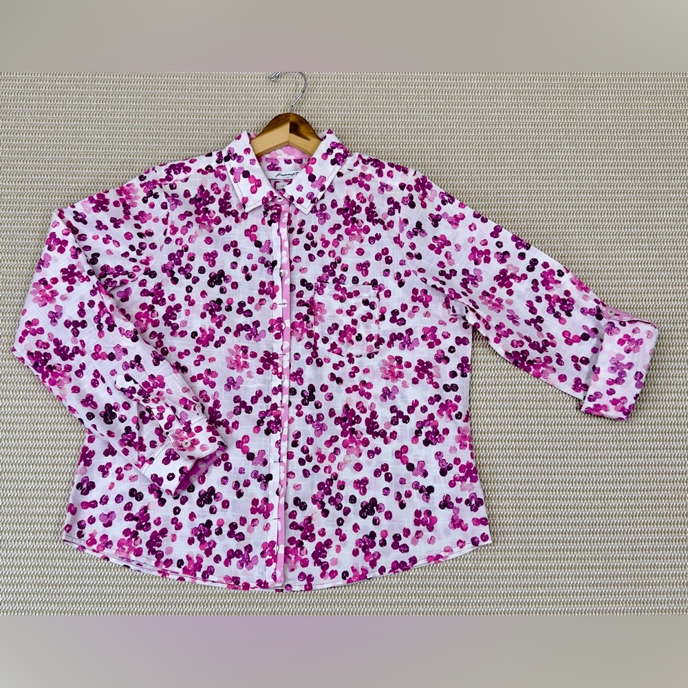 Foxcroft Charlie Long sleeve Roll Tab Water Color Dots Button Down 100%cotton